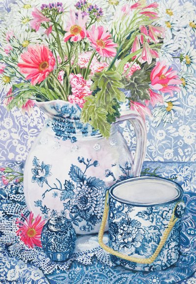 Gerberas in a Coalport Jug with Blue Pots by Joan Thewsey